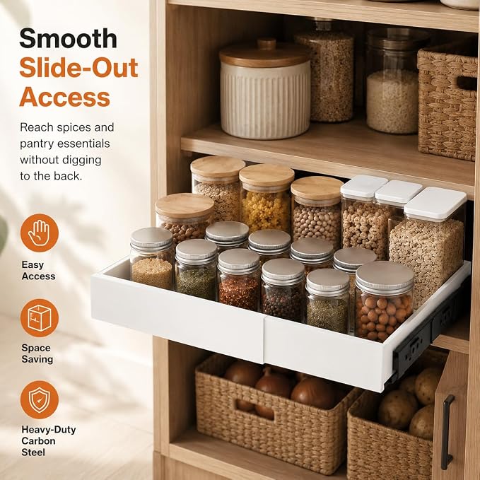 Pull Out Cabinet Organizer, Expandable 7"-11" Slide Out Cabinet Drawer, No Drilling Cabinet Organizer with Adhesive Nano Film for Kitchen Pantry Bathroom Under Sink Storage