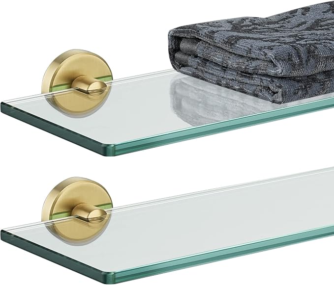 JQK Bathroom Glass Shelf Gold, Tempered Glass Shower Storage 20 by 5 inches, 304 Stainless Steel Brushed Gold Wall Mount, 2 Pack, TGS101L20-BG-P2