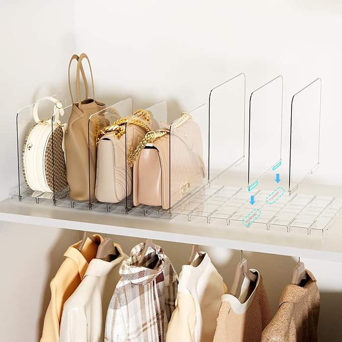 Bag & Purse Organizer for Closet Stackable Acrylic Shelf Dividers for Closet Organization, Clear Handbag Purse Storage Organizer Divider, Keep Clutch, Wallet, Pocketbook Upright, 2 Pack