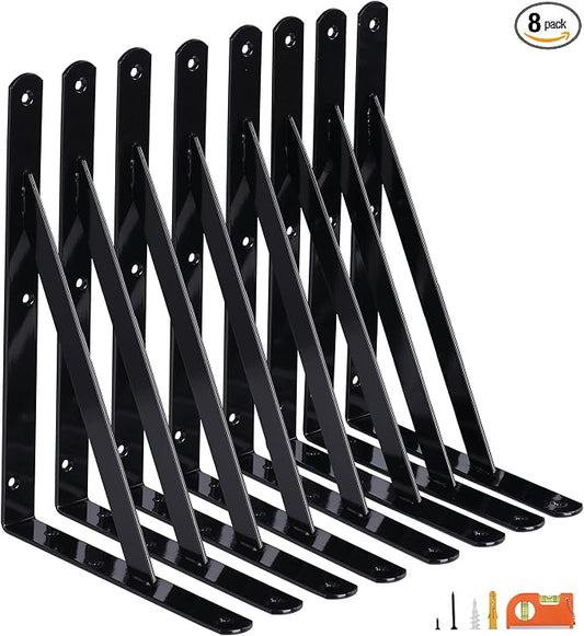 NEODROP 8-Pack 12 Inch Heavy Duty Shelf Brackets, Large Wall Bracket for Garage Kitchen Floating Shelves, Black Powder-Coated Steel