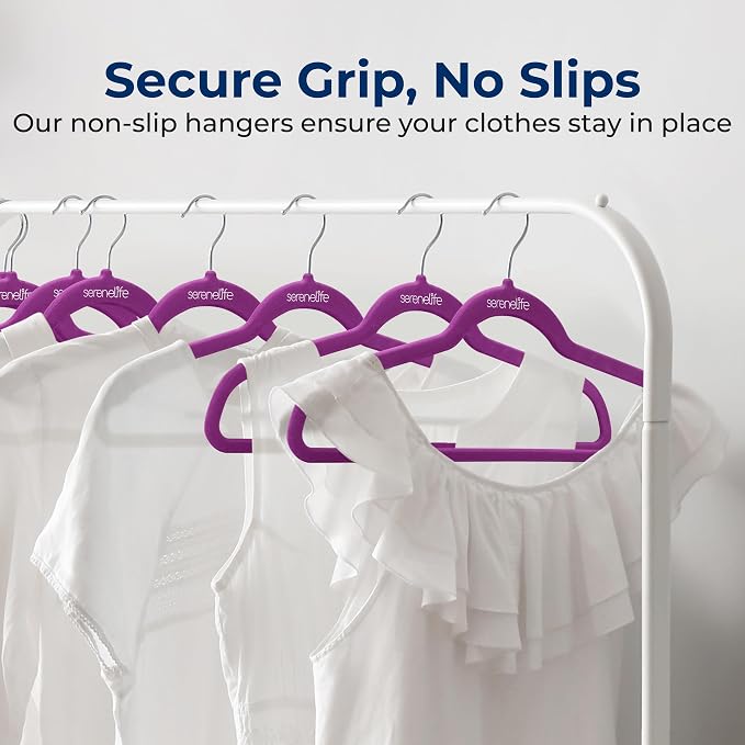 SereneLife Velvet Hangers – 30 Pack, Slim & Space Saving for Closets | Soft velvet grip prevents slipping on silk, satin & knitwear – 360° swivel hook fits all standard closet rods