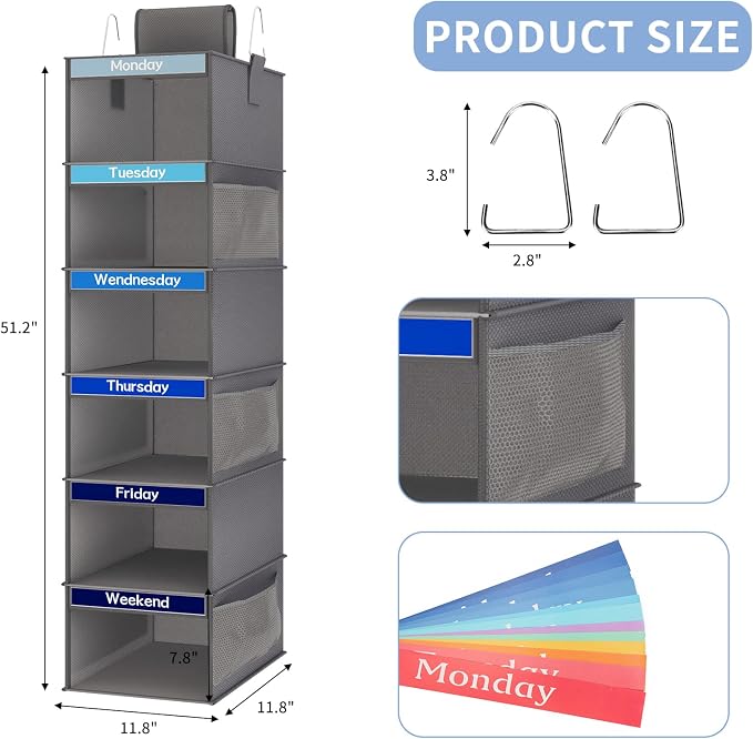 Weekly Kids Clothes Organizer 6-Shelf Hanging Closet Storage Dark Grey