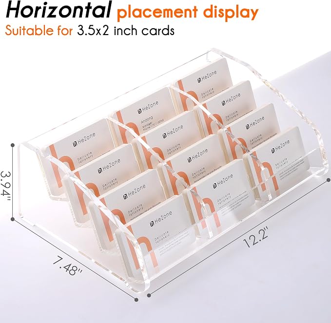 HeZone Business Card Holder Display for Desk Muitiple, Clear Acrylic Business card Stand Rack for Women and Men 12 slots 4Tier, Organize 600 cards (12 Slots