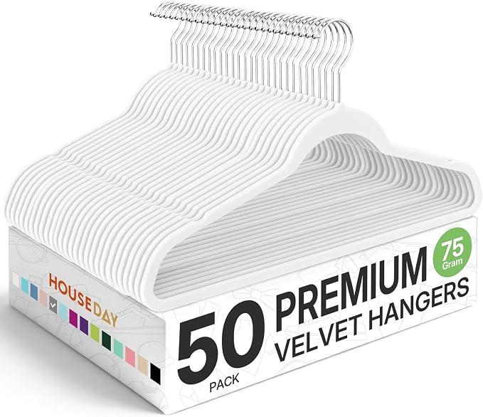 HOUSE DAY Premium Velvet Hangers 50 Pack, Non-Slip Flocked Felt Hangers, Sturdy Clothes Hangers with 360° Rotatable Hook, Heavy Duty Coat Hanger, Durable Slim White Hanger for Closet Space Saving