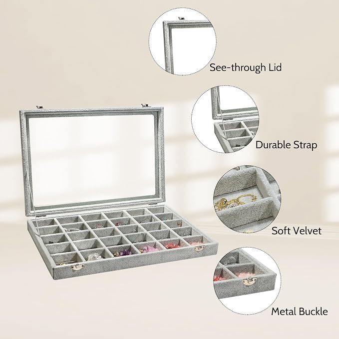 Stratalife 30 Grid Earring Organizer: Jewelry Holder Organizer Box with Clear Glass Lid, Velvet Jewelry Storage for Studs, Earrings, Rings, Necklace with Removable Dividers for Dresser, Grey