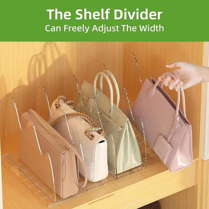 ANTOWIN 2 Pack Clear Purse Organizers for Closet, Adjustable Shelf Divider, Handbag Separators Storage Organizer, Shelf Divider in Bedroom, Office, Kitchen