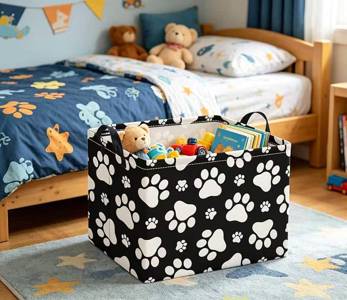 Rectangular Baby Kids Storage Basket for Home Kitchen Girls Cute Toy Storage Bin Organizer Shelf Book Room Decor(Black Paw)