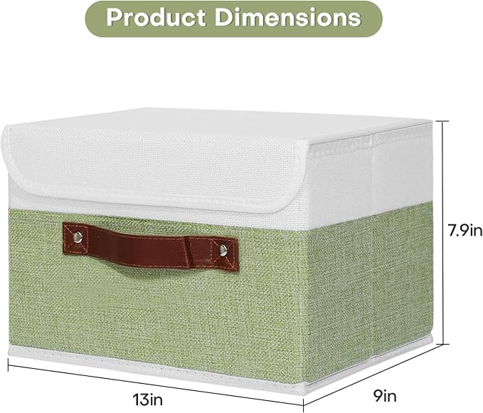 ANMINY Storage Boxes with Lids Washable Decorative Storage Bins Basket with PU Leather Handle Foldable Linen Fabric Storage Cubes Containers for Home Closet Organizer - Green White, Medium