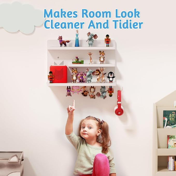 for Tonies Shelf Magnetic - 3 Tier Wooden Tonies Figure Organizer, White | Tonies Box Holder, Magnetic Display Shelf for Kids Room, Wall Floating Shelves Toy Storage Compatible Charging Station