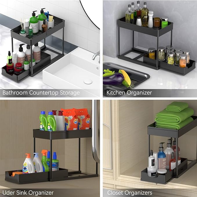 2 Pack black Under Sink Organizers and Storage, 2-Tier Sliding Cabinet Basket Organizer with Hooks, Multi-Purpose Under Sink Organizers and Storage for Bathroom Kitchen