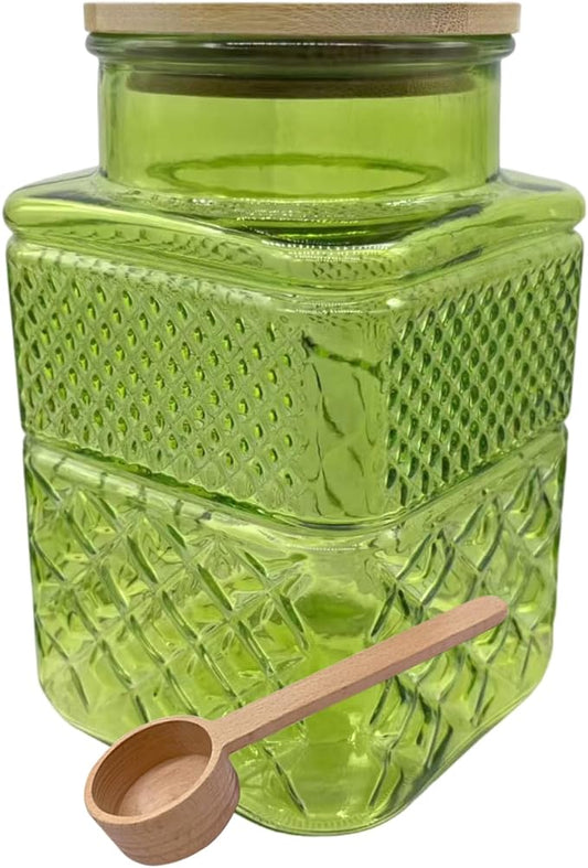 Coriario 60oz Vintage Glass Jar with Airtight Lid and Wood Spoon Green Square Decorative Glass Storage Jars Canisters for Kitchen Counter Flour Sugar Cookie Coffee Tea