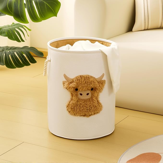 Kids Laundry Basket Nursery Hamper Baby Laundry Basket Stuffed Animal Toys Storage Baskets for Toddler Room Decor, Dirty Clothes Hampers with Drawstring Closure for Bedroom/Living Room, Highland Cow