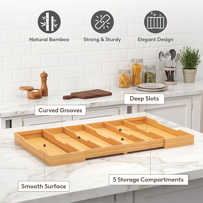Lifewit Utensil Drawer Organizer, Expandable Kitchen Tool Tray, Wood Adjustable Flatware and Spatula Storage Divider, 17.8-28.3 x 17 x1.8
