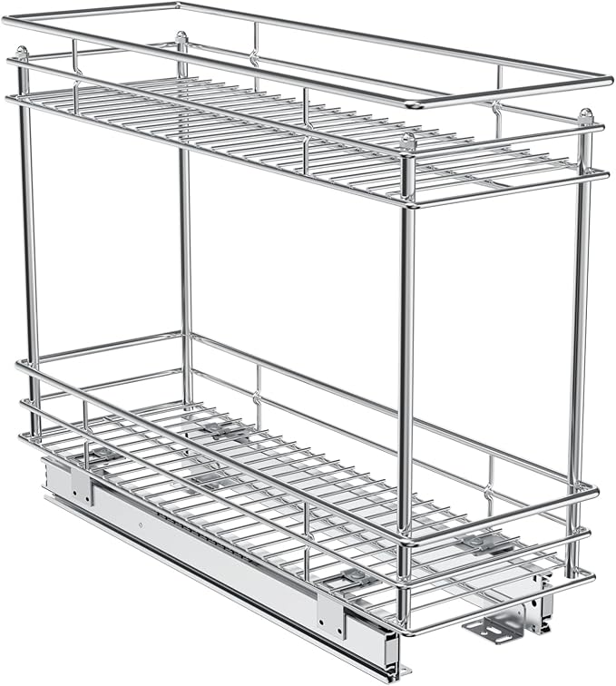 ROOMTEC Pull Out Cabinet Organizer for Narrow Cabinet (5" W X 21" D), Kitchen Cabinet Organizer and Storage 2-Tier Cabinet Pull Out Shelves Under Cabinet Storage for Kitchen, Chrome