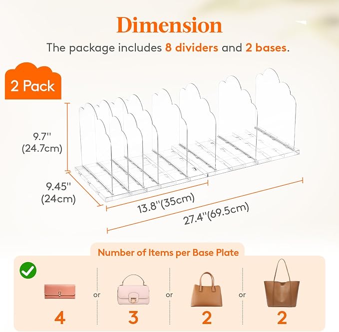 Lifewit Purse Organizer for Closet, 9.7" Tall Clear Handbags Storage Organizer, Adjustable Clutch Organizer Holder for Closet, 2 Pack Bookshelf Dividers for Sweater in Bedroom 35 x 24cm/14 × 9.5"