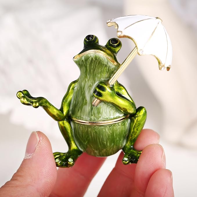 Hand Painted Animal Trinket Box for Home Decor, Hinged Jewelry Organizer Storage, Unique Personalized Collectible Keepsake Figurine Handmade Decorative Ornament Gifts (Umbrella Frog)