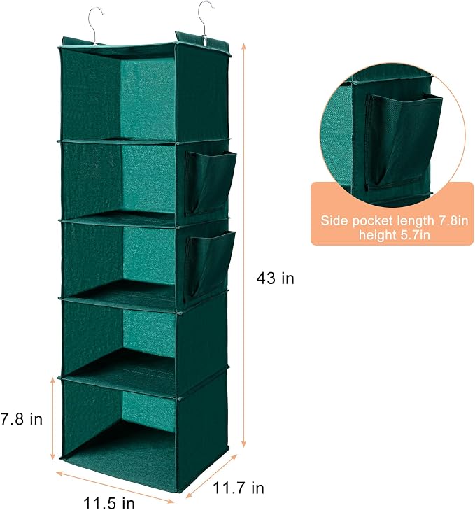 BOOMIBOO Hanging Closet Organize and Shelves，5-Hanging Shelf with 2 Side Pockets，Storage Foldable （Green）