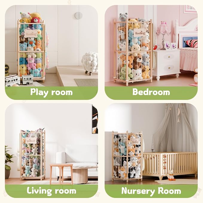 Stuffed Animal Storage & Organizer, 54 inch Tall Wooden Cute Zoo Toy Holder w/Building Block Storage Bag, Premium Wooden Material with Elastic Cord for Toddler Rooms, Playrooms (Small)