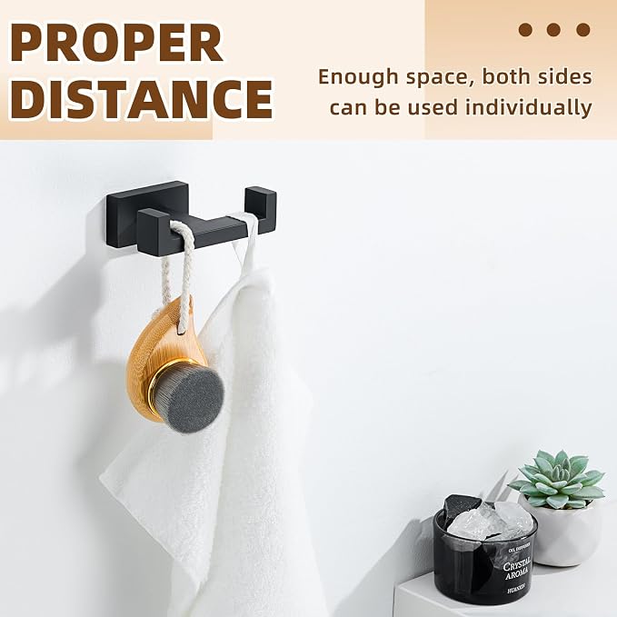APLusee Double Robe Towel Hook, 304 Stainless Steel Square Dual Coat Hook, Utility Bath Kitchen Storage Hanger Holder, Matte Black