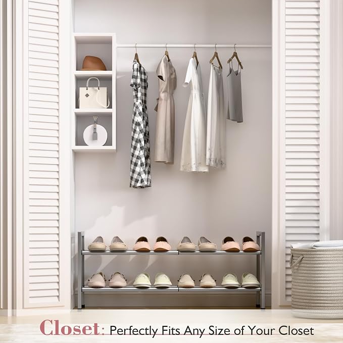 Bumusty 2 Tier Expandable Shoe Rack for Closet, 18“-33” Adjustable Shoe Rack for Small Space, Small Shoe Organizer for Front Door, Sturdy Metal, Light Grey