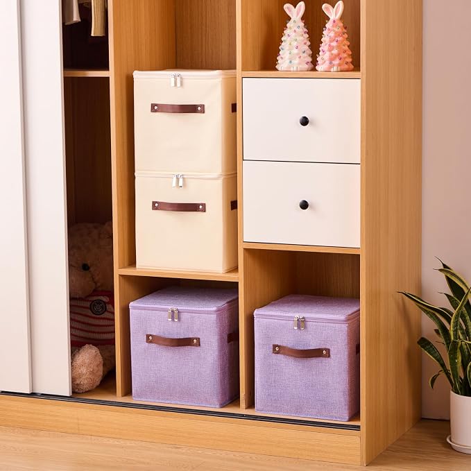 2PCS Storage Cubes with Lid Fabric Storage Bins Boxes PU Leather Handles Cotton Linen Closet Organizer Container Decorative Foldable Washable Shelf Cloth Basket (Zipper Lid, Purple, 11in)