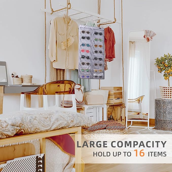 Sunglasses Organizer Storage - 16 Slots Glasses Storage Wall Pocket Display Hanging on Door, Eyewear Display, Dust-Proof