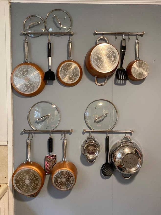 Audmore Kitchen Utensil Rack 2PCS, 15.6” Pot & Pan Hanging Rack Wall Mount | 304 Stainless Steel Lid Cooking Utensil Hanger, 7 Sliding Hooks for Spatula Spoon, Measuring Cups, Coffee Mug, Space Saving