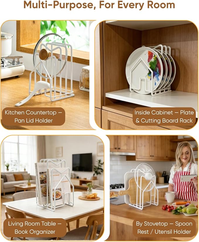LINFIDITE Cutting Board Rack Chopping Board Organizer Stand Holder Kitchen Countertop Pots Pan Lids Rack Organizer Flat Steel 4.92Lx5.71Wx8.46H in. White