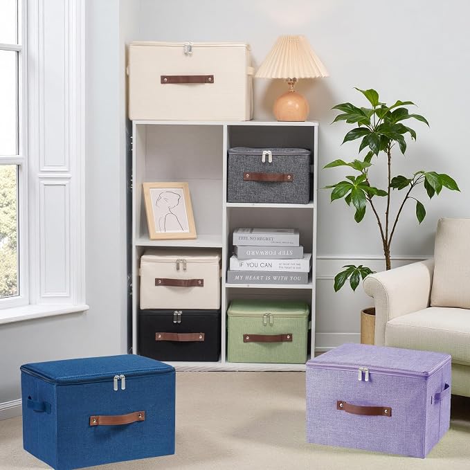 Storage Bins with Zipper Lid Foldable Fabric Lidded Storage Boxes Baskets Cubes Washable Collapsible PU Leather Handle Cotton Linen Shelves Closet Organizer Container(Dark Blue, Small Size)