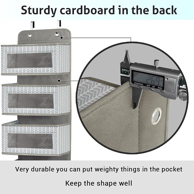 Over the Door Hanging Organizer with 5 Large Pockets - Wall Mount Pantry Storage with Clear PVC Window & 2 Big Metal Hooks for Closet,Bathroom,Nursery,Bedroom,Dorm,Baby Diapers,Kids Toys (Gray)