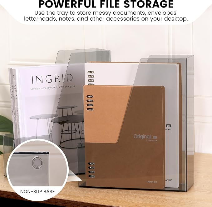 CiWiVOKi Vertical File Holder, PET Desk Organizer and Storage Bins Holding for Magazines, Binders, Notebooks, Envelopes, Papers, Multi-purpose Plastic Document Organizer for Home Office, Black, 4 Pack