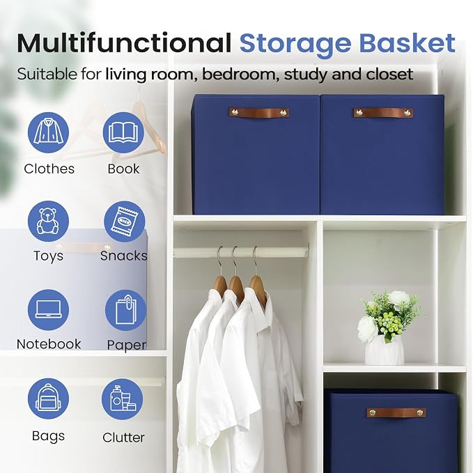 FinishingBo 6-Pack Storage Cubes with Handles & Label Holders Basket, Closet Cube Home Organizer Bins(Blue, 13 x 13 x 13 inch)