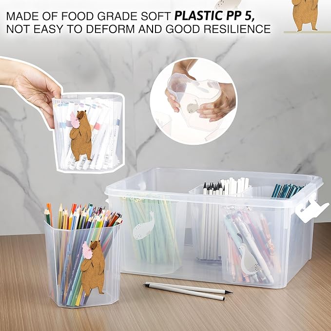 17QT Plastic Storage Bins with Lids - 1 Pack Art Craft Supply Organizer Box with Brush Pot for Kids, Stackable Clear Pen Container for Toy/Sewing/Comestic/Tool/Playdoh (1 Pack)