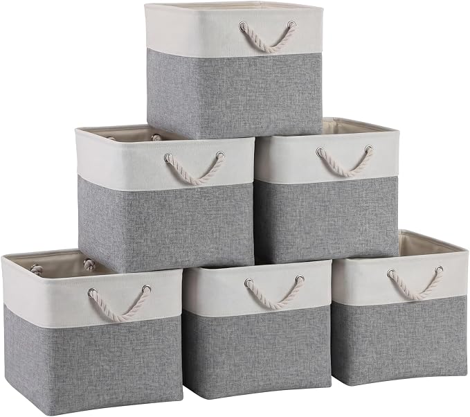 13×15×13 Inch Storage Cubes,6 Pack Cube Storage Bins for Shelves,Fabric Collapsible Storage Bins with Handles, Foldable Storage Basket for Organizing Clothes,Books (White&Gray,13"x15"x13")