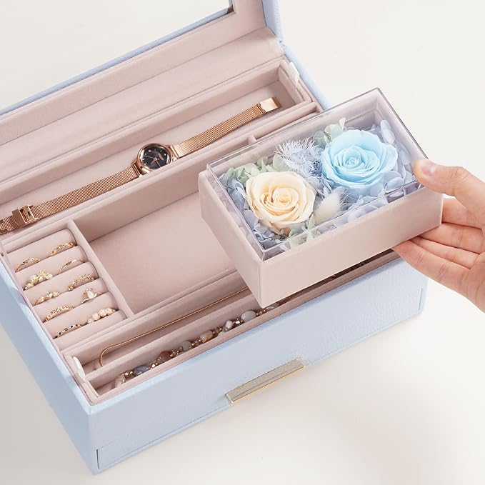 Lolalet Jewelry Organizer with Glass Lid, 2-Layer Jewelry Box Case with Drawer, Earrings Watch Ring Display Storage -Blue