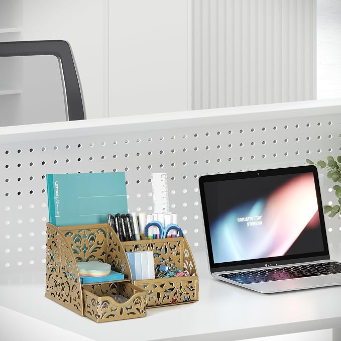 EasyPAG Desk Organizer and Pen Holder for Desk, Mesh Office Supplies Storage Caddy with Drawer for Small Space, Desktop Organizer for Home Office, Gold