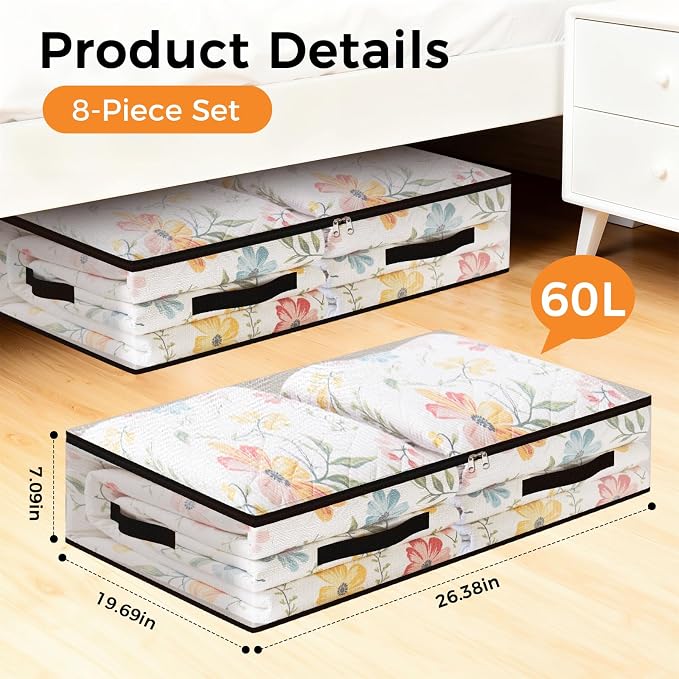 8 Pack Under Bed Storage Bags, 60L Foldable Clear Storage Containers with Handles, Dual Zippers for Comforter, Clothes, Bedding, Linen Sheets, Sweaters, Blanket Storage