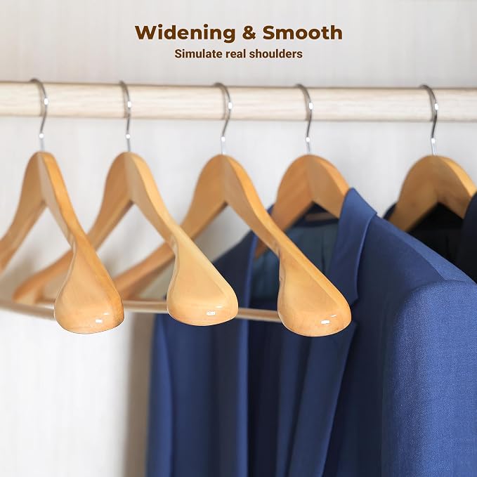 Coat Hanger 8-Pack, MEQUTION Wood Hangers Trouser Hangers Extra Wide Shoulder Wooden Hangers for Heavy Coat, Sweater, Skirt, Suit, Pants, Retro Finish (Natural)