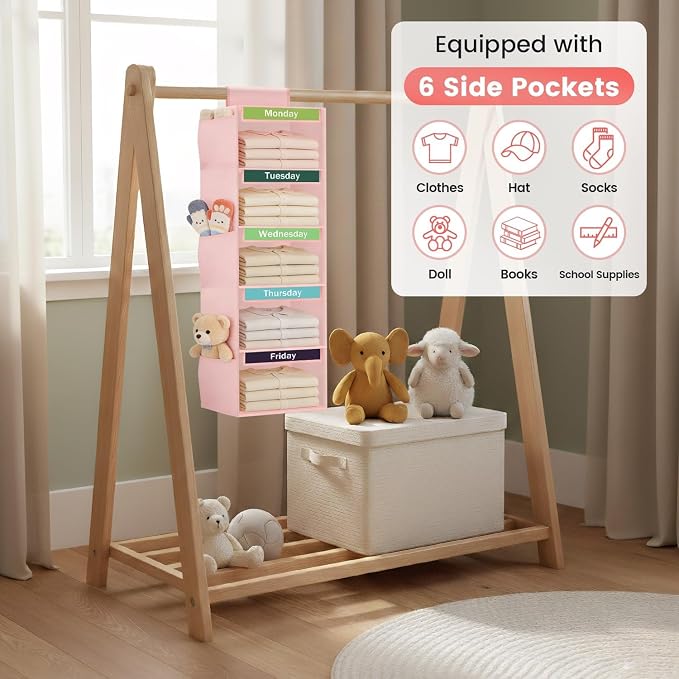Weekly Clothes Organizer for Kids, 5-Shelf Kid Hanging Closet Organizer w/ 6 Side Pockets, Labeled Weekly Outfit Organizer for Kids, Days of The Week Clothes Organizer Monday Through Friday Pink