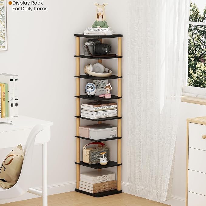 LUCKNOCK Vertical Shoe Rack, 8-Tier Tall Narrow Shoe Organizer for Entryway, Closet, Dorm & Small Spaces, Freestanding Wooden Shoe Shelf Tower for Boots, Sneakers, Heels. (Black)