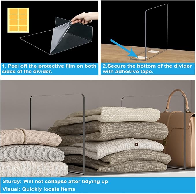OKPOW Shelf Dividers Closet Organizer - 7.5" Tall X 11.8" Deep Acrylic Clear Sturdy Separate for Clothes Purse - Adjustable Space Saver Easy Install for Home Organization Enthusiasts 4 Pack