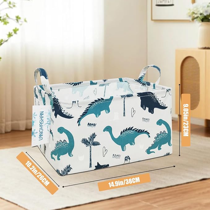 Rectangular Collapsible Storage Basket Nursery Organizer Green Dinosaur | Storage Bin Foldable Canvas with Handles for Organizing Home Kitchen Children Toys Office Closet Shelf Baskets