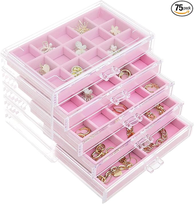misaya Earring Jewelry Organizer with 5 Drawers, Birthday Present, Clear Acrylic Jewelry Box for Women, Velvet Earring Display Holder for Earrings Only, Pink