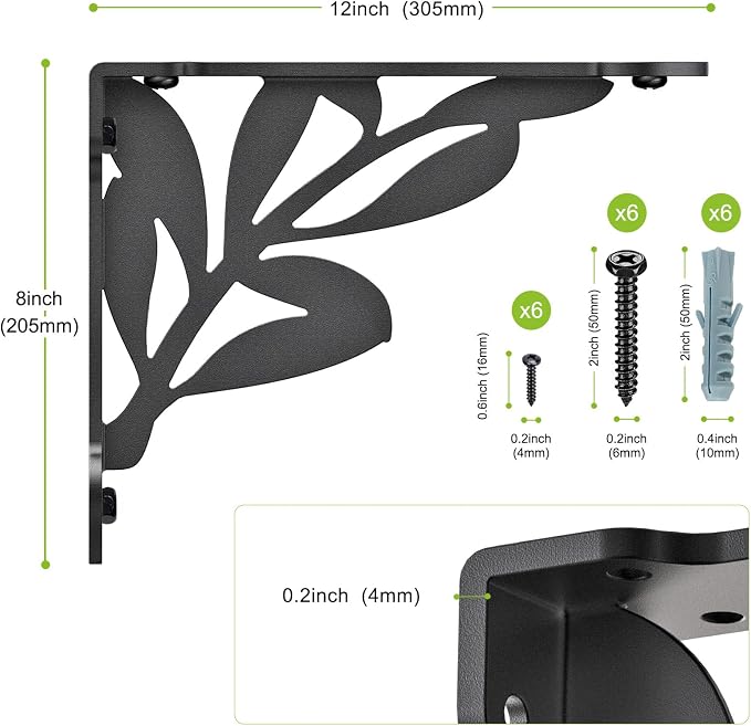 SELEWARE Heavy Duty Shelf Brackets 12 Inch, Branch Shelves Brackets, 300LB Capacity Decorative Metal L Brackets for Floating Shelves, Black Rustic Wall Mount Shelving Bracket with Screws, 2 Pack
