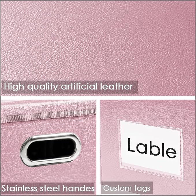 PRANDOM Large Collapsible Storage Box with Lid [1-Pack] Leather Fabric Foldable Storage Bin Organizer Container Basket Cube with Cover for Home Bedroom Closet Office Nursery Pink (17.7x11.8x11.8)
