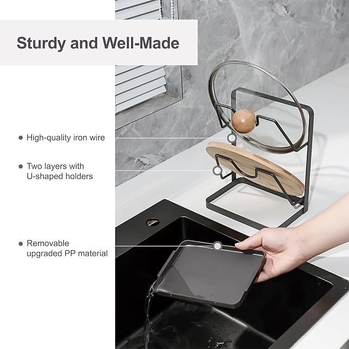 Pot Lid Holder While Cooking, Kitchen Pot Lid Storage Rack for stove top, Multifunctional Kitchen Pot Lid Organizer for Countertop (Iron,Dark Grey)