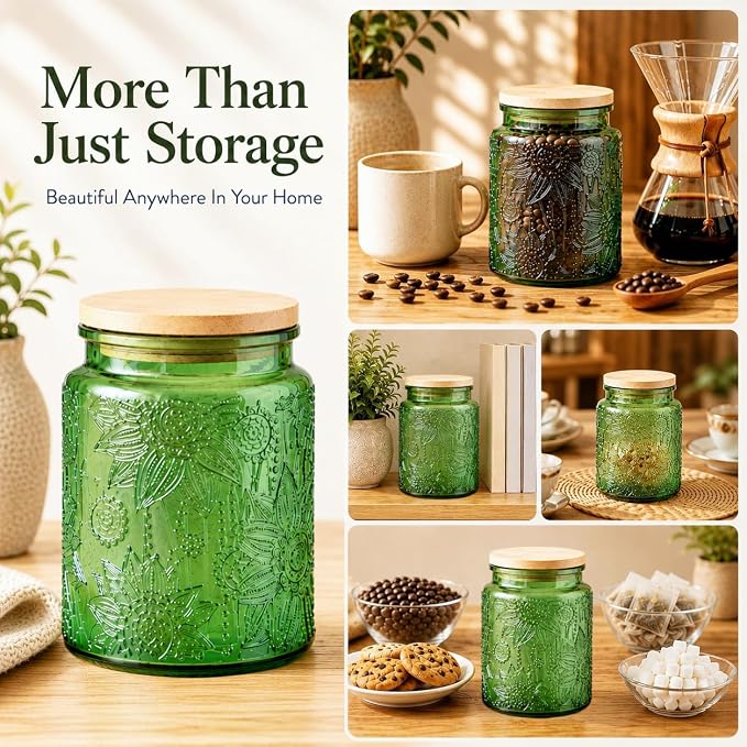 ANSQU Set of 2 Glass Jars with Lids, 23.7 FL OZ Vintage Glass Storage Jars, Cookie Jar Sugar Container for Kitchen Counter, Pantry, Candy Jar with Lid (Green, 2Pack)
