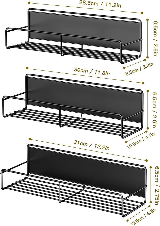 Mystozer 3 Pack Magnetic Spice Rack Organizer,Space Saver for Refrigerator and Whiteboard, Metal Fridge Shelf for Kitchen,Laundry Room,Barbecue Grill,Coffee Maker,Microwave Home Organization(Black)