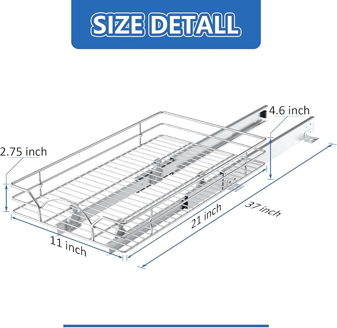 ROOMTEC Pull Out Cabinet Organizer - 11" W x 21" D, Slide Out Storage Shelves, Fits 12.5" Opening