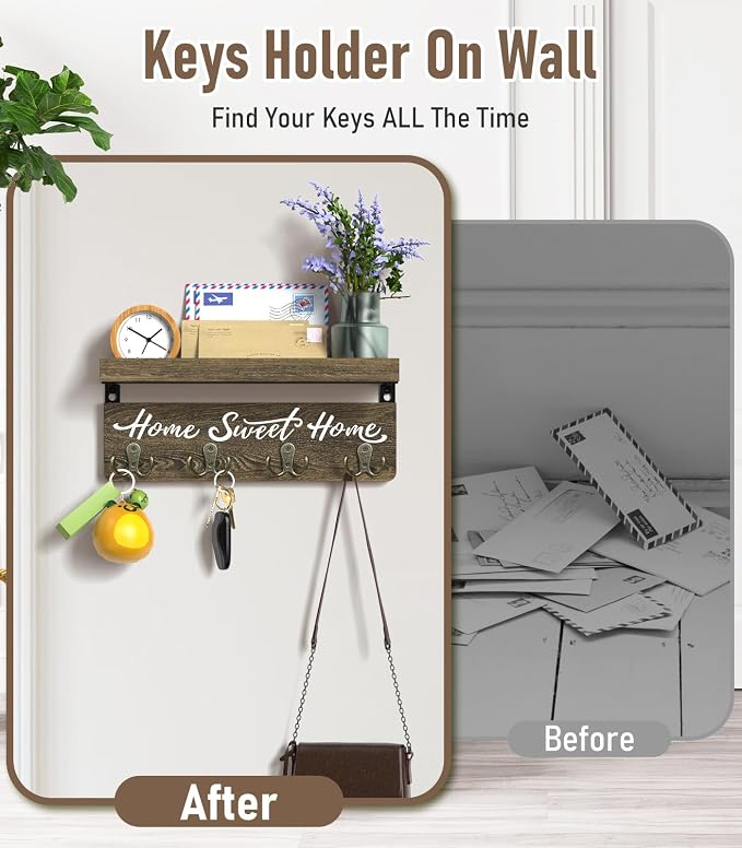 buways Wall-Mounted Key and Mail Holder, Wooden Key Rack with 4 Double Key Hooks, Rustic Home Decor for Entryway